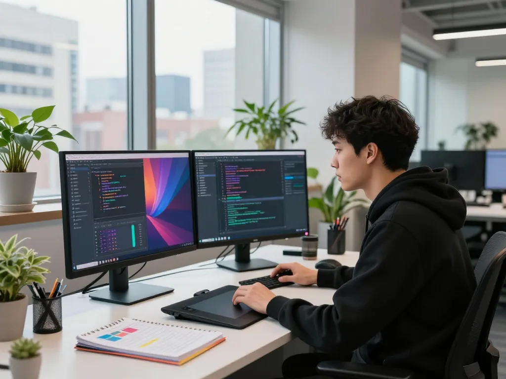 Image to prompt ai converter in a modern tech office where a developer designs prompts from images, demonstrating AI technology.