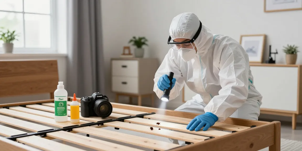 Effective bed bug treatment in a clean home with a professional exterminator inspecting a bed frame.