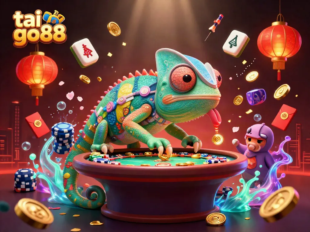 Engage in winning strategies at tai go88 with vibrant casino elements and chameleon dealer.