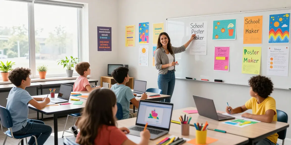 Engaged classroom scene showcasing students using a School Poster Maker to create vibrant posters, led by an inspiring teacher.