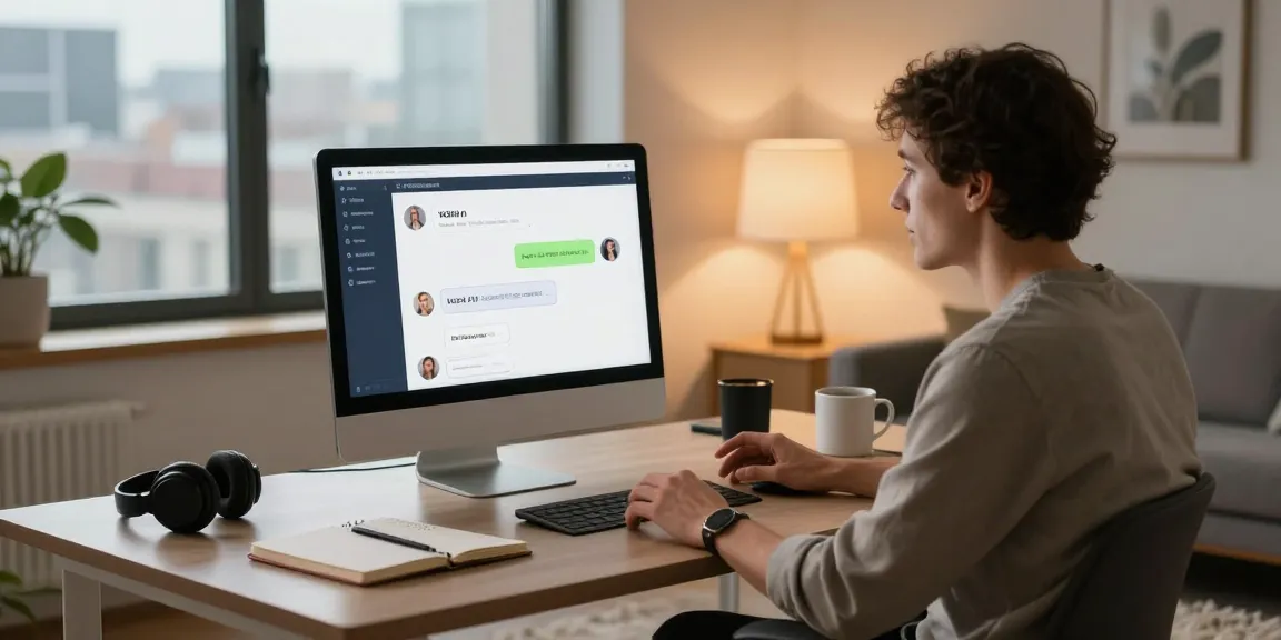 Person engaging in NSFW AI chat in a cozy home office with modern decor.