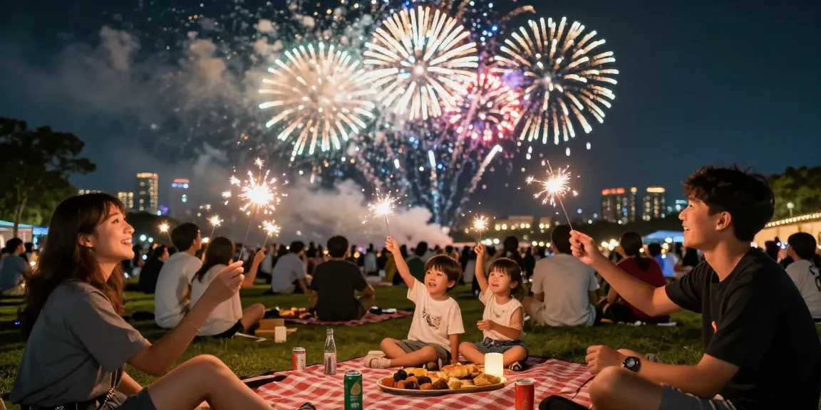 Fireworks for sale at a community celebration with families enjoying the vibrant display.