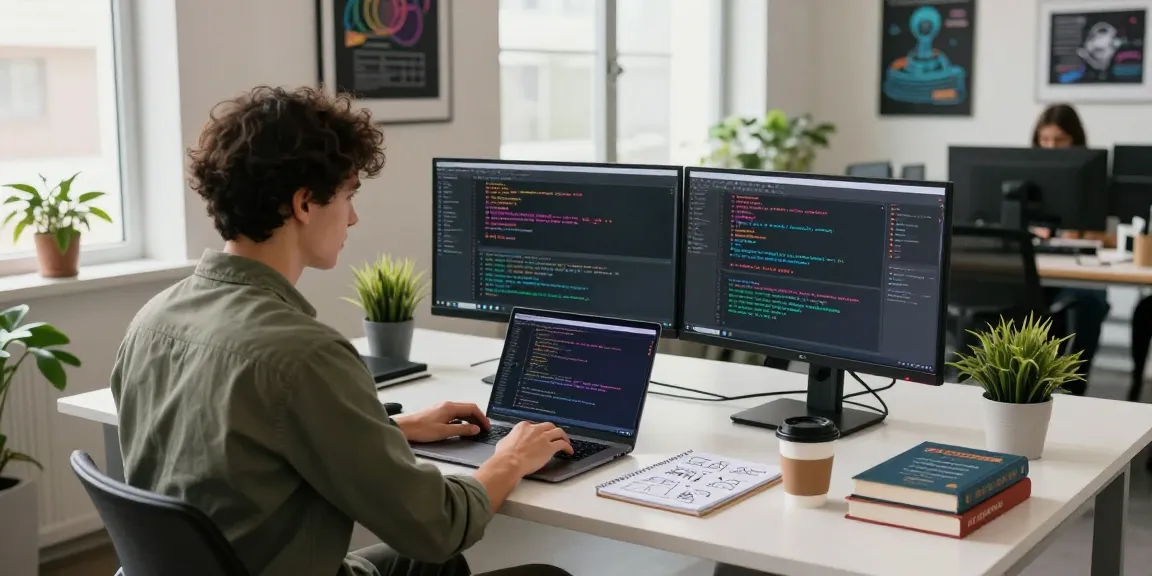 Dynamic tech workspace with a developer coding and dual monitors displaying vibrant programming languages, demonstrating the essence of 纸飞机中文版.