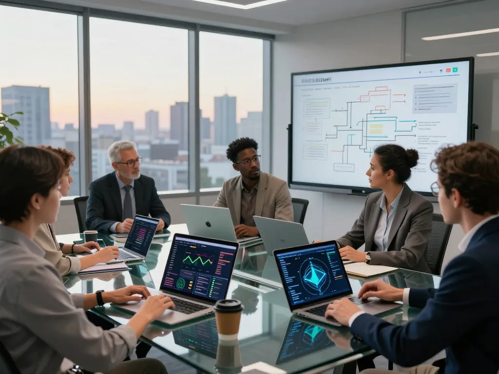 Collaborative strategy session discussing IO DeFi's future in a modern workspace, showcasing technology and teamwork.