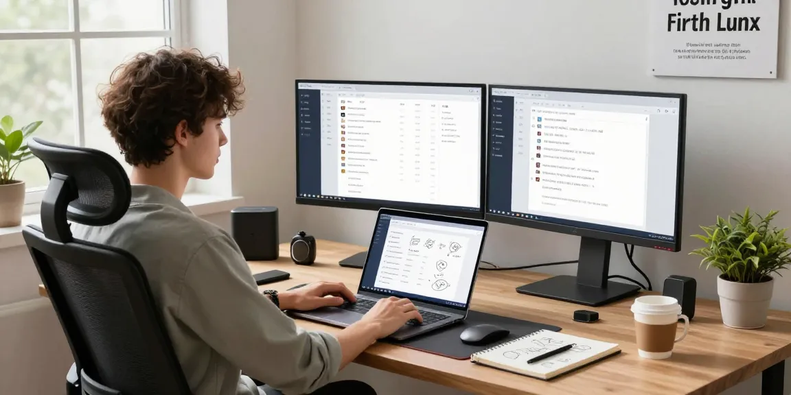Young professional using 纸飞机中文版 in a tech workspace, with dual monitors and motivational elements.