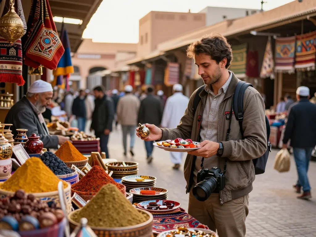 A traveler engaging with local vendors in a Moroccan market, showcasing the experience with a Morocco travel company.