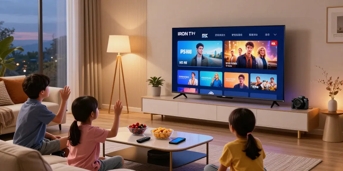 Family enjoying Iron TV Pro service on Smart TV in a cozy living room