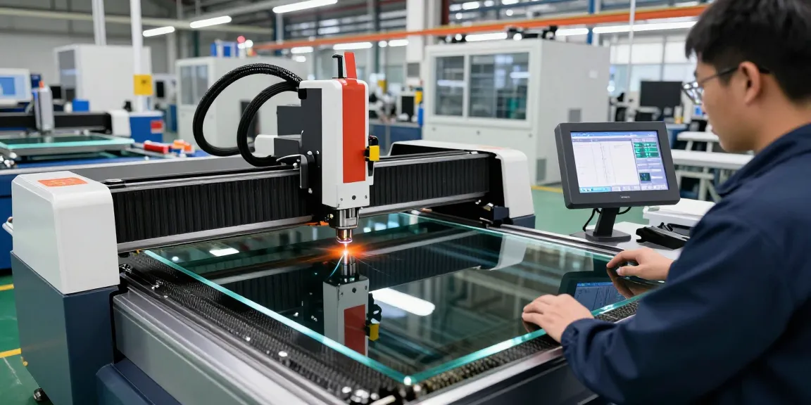 CNC glass cutting machine in action with technician adjusting settings for precision cutting.