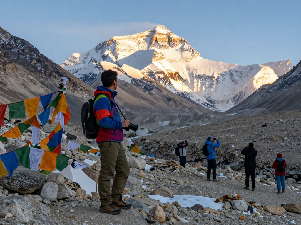 Stunning sunrise at Everest Base Camp Trek with Helicopter Return, showcasing picturesque peaks and vibrant prayer flags.