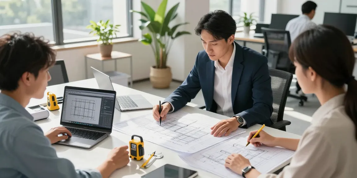 Structural engineer Missouri reviewing blueprints with clients in modern office.