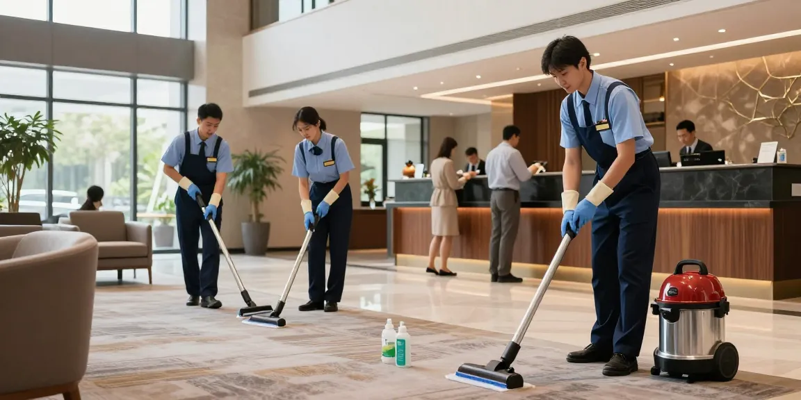 Professionelle Hotelreinigung in Dortmund durch erfahrene Firma mit Reinigungsteam im Lobbybereich.