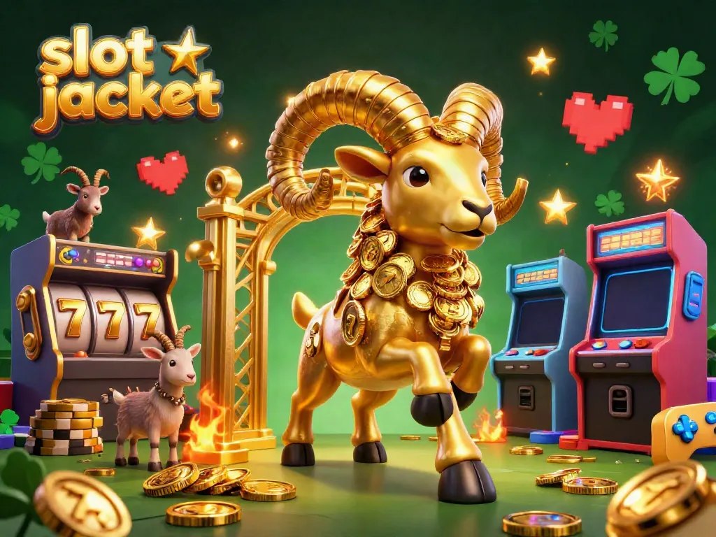 Experience the excitement of slot jackpot in this vibrant 3D illustration featuring a golden ram charging towards a golden gate, surrounded by colorful game elements.