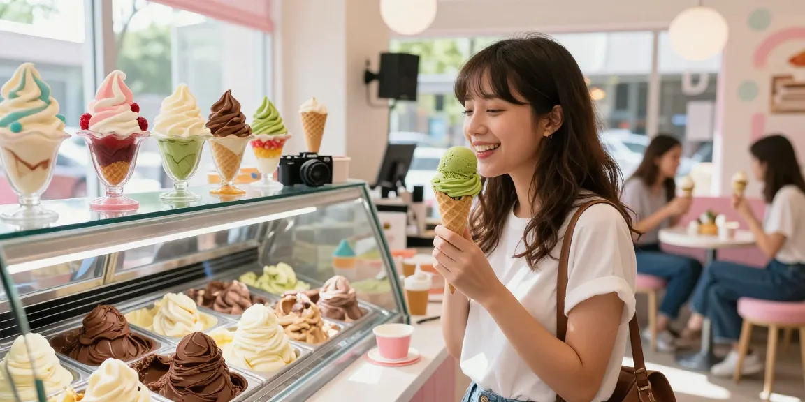 Experience the joyous moment of enjoying rokok88 login ice cream, vibrant flavors showcased at a sunny parlor.