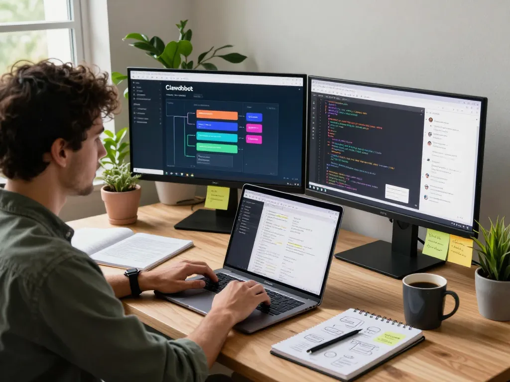 Developer interacting with Clawdbot in a stylish home office, showcasing automation workflows.