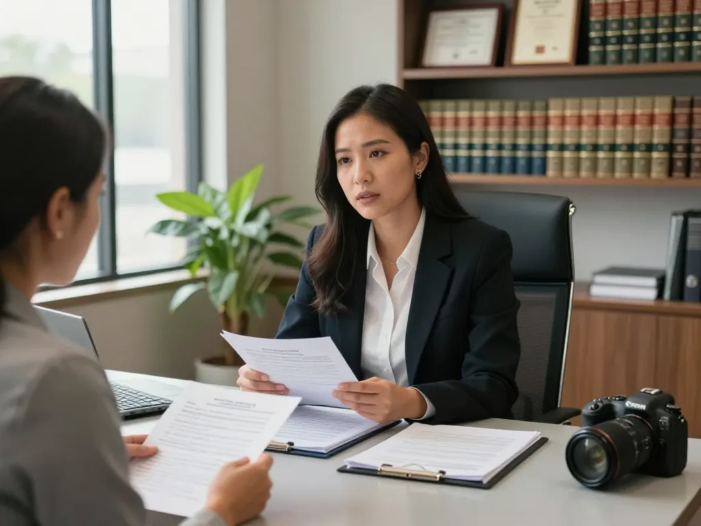 Houston Personal Injury Attorney discussing case with client in modern law office, showcasing professionalism and compassion.