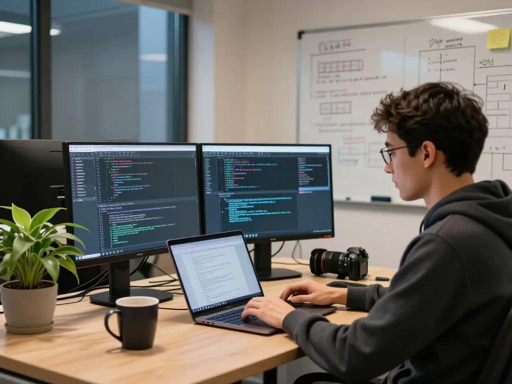 Developer using openclawd personal AI assistant on dual monitors in a modern tech office.