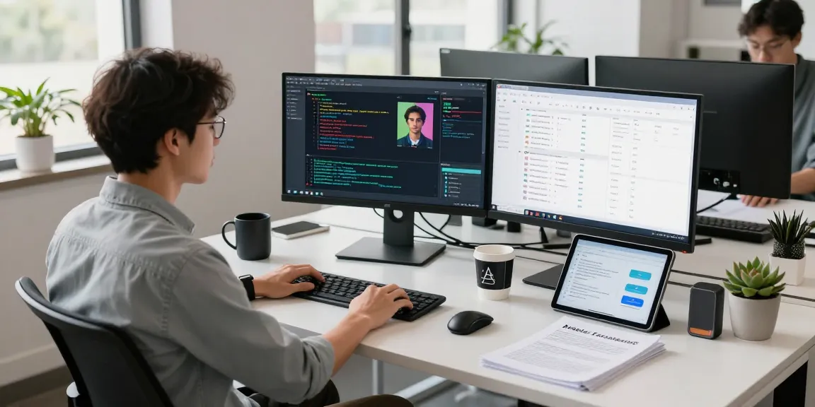 AI image detector technology in a modern workspace with dual monitors analyzing content moderation metrics.