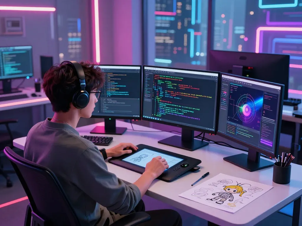 Engineer developing NSFW AI applications in a vibrant tech workspace filled with advanced tools and screens.