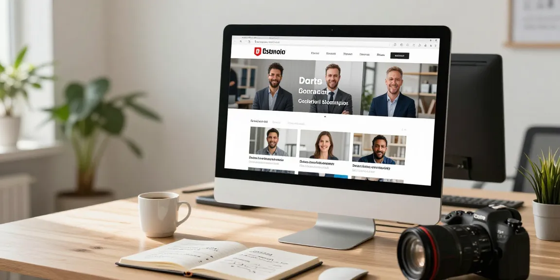 Companies showcasing their services on an online platform, user browsing listings in a bright office.