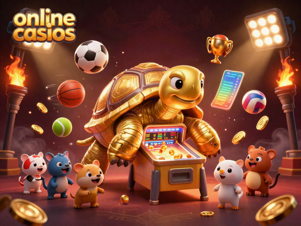 Engage in exciting online casinos with a golden tortoise pinball machine surrounded by sports elements.