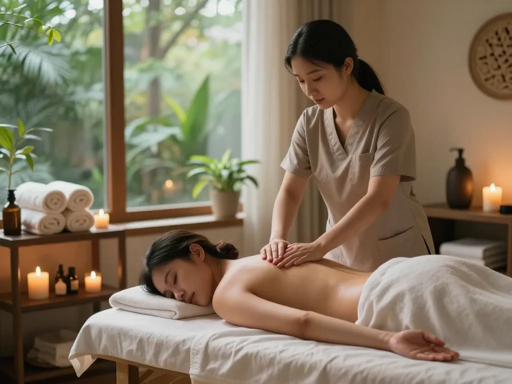Relaxing 마사지 treatment in serene wellness spa with calming decor and natural light.