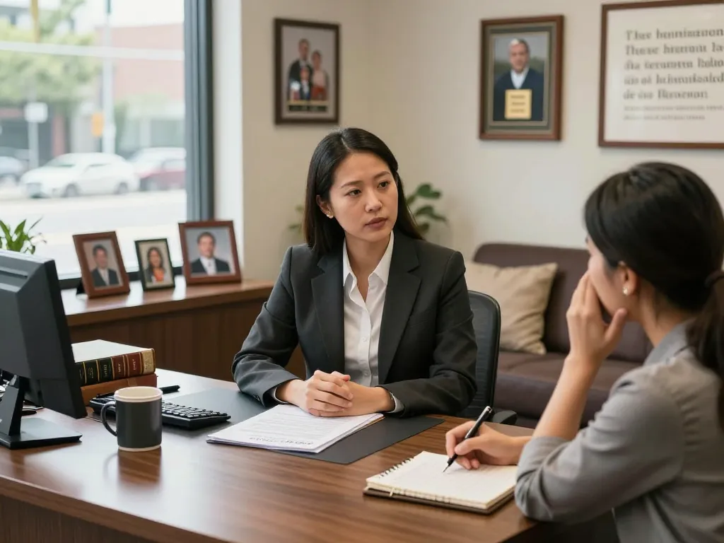 Engaging conversation with an Orlando Personal Injury Lawyer in a warm law office setting, showcasing professionalism and trust.