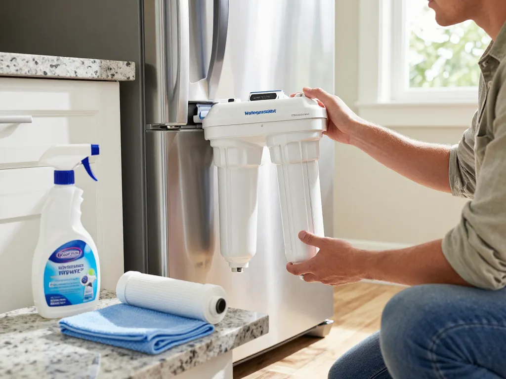Waterspecialist Replacement for GE® RPWFE® being installed in a modern kitchen, showcasing a pristine home maintenance moment.