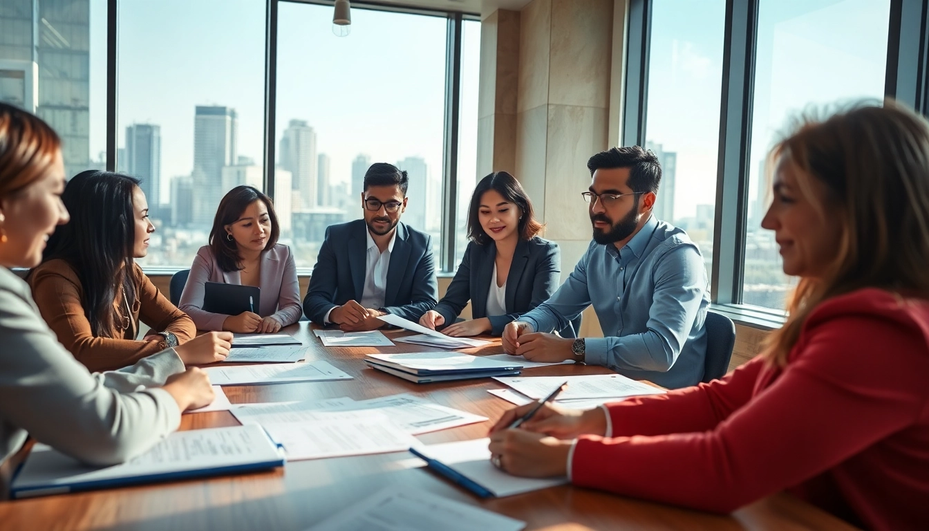 Collaborative discussion on contracts and grants among diverse professionals in a bright office.