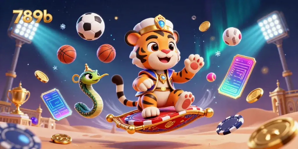 Experience the excitement of 789b betting with a vibrant cartoon illustration of a tiger sultan on a carpet of poker chips.