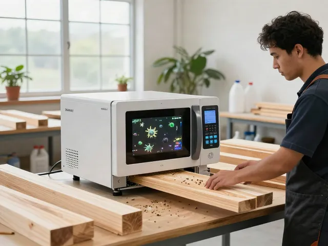 SHASHEL® microwave equipment effectively eliminating wood-boring insects in a modern workshop setting.