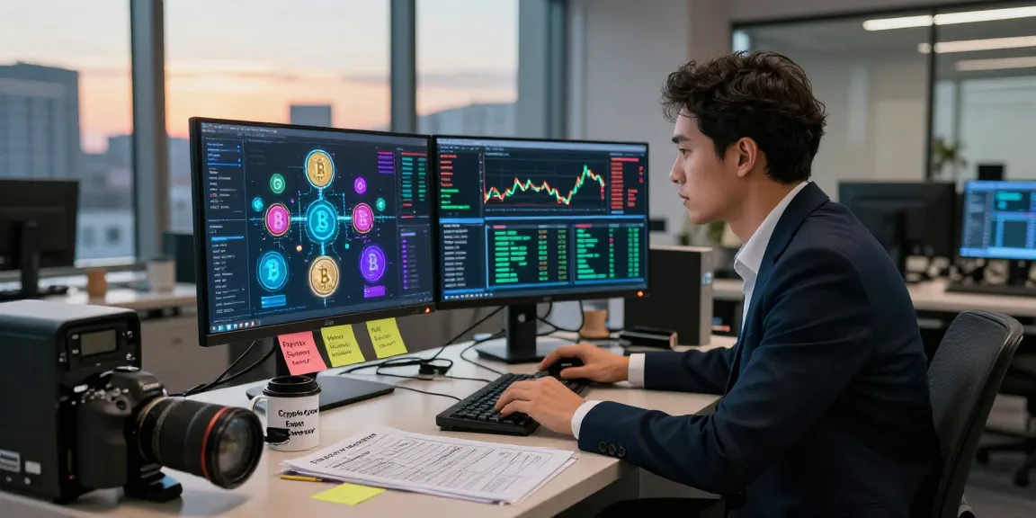 Expert analyzing data to recover stolen cryptocurrency with technology and urgency in modern office.