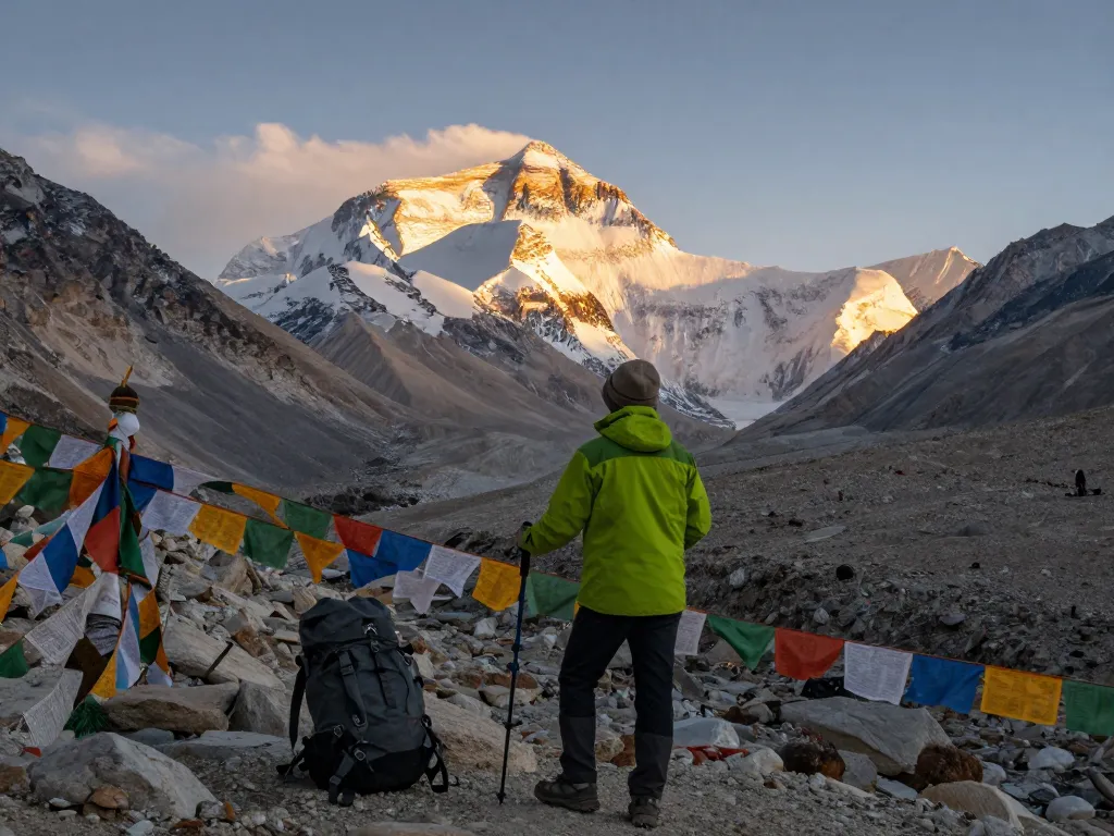 Everest Base Camp Trek experience with a traveler standing at the base camp against stunning Himalayan backdrop