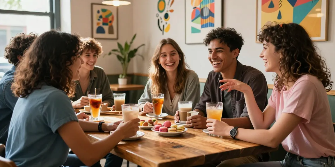 Friends sharing laughter over drinks, discussing a crush on someone special in a cozy cafe atmosphere.