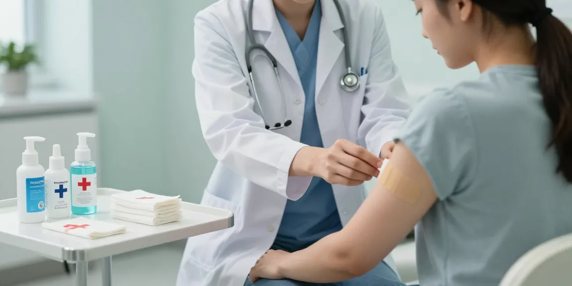 Medical tape being applied by a healthcare professional in a bright, clean clinical setting, showcasing essential first-aid practices.