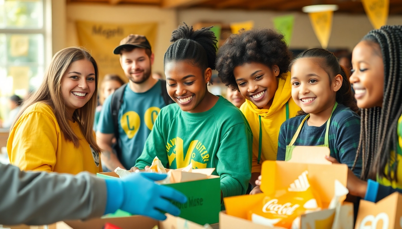 Students actively engaged in high school volunteering at a community food bank, showing teamwork and compassion.