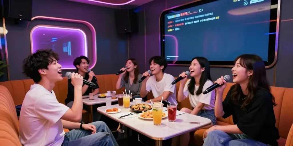 강남 달토 가라오케에서 친구들이 즐겁게 노래하며 파티 분위기를 즐기는 모습