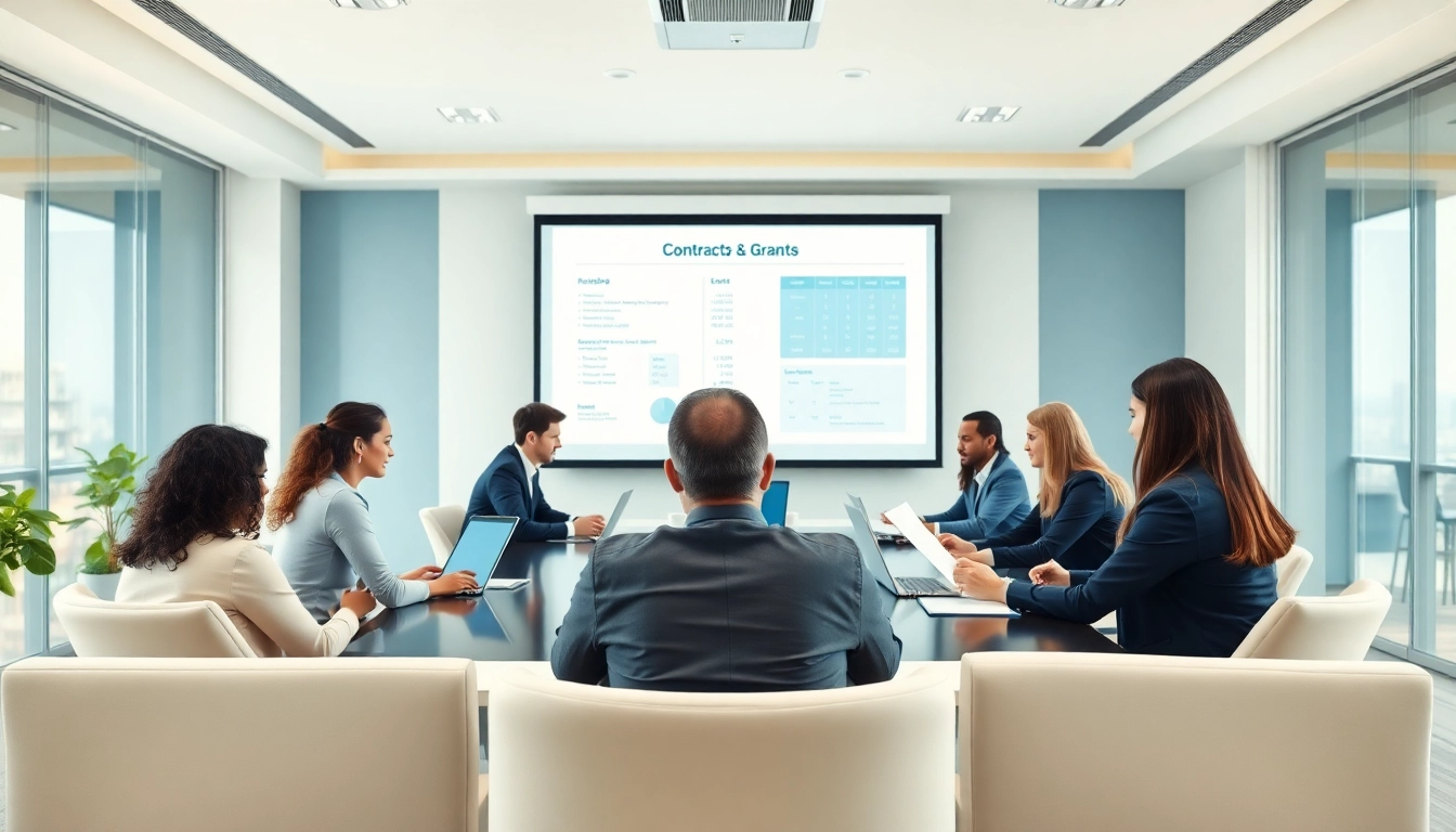 Meetings discussing contracts and grants with professionals in a modern setting.