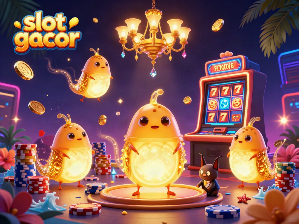 Experience the thrill of slot gacor with a vibrant casino scene lit by glowworms and a bat dealer.