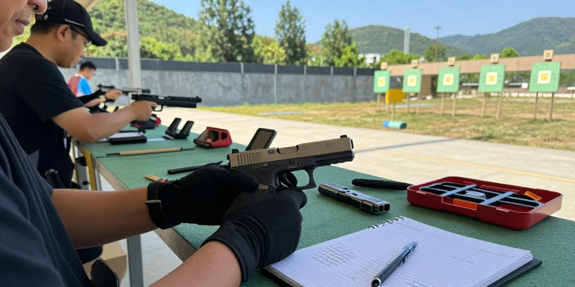 Custom Glock slides from https://precisionglockslides.com inspected at a sunny shooting range, showcasing craftsmanship.