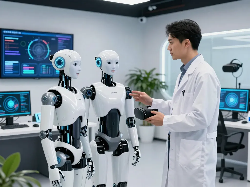 Interactive humanoid AI showcasing advances in ai sex technology within a modern tech lab