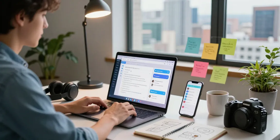 Dynamic workspace showcasing the use of teiegramin.com messaging service on a laptop with city skyline view