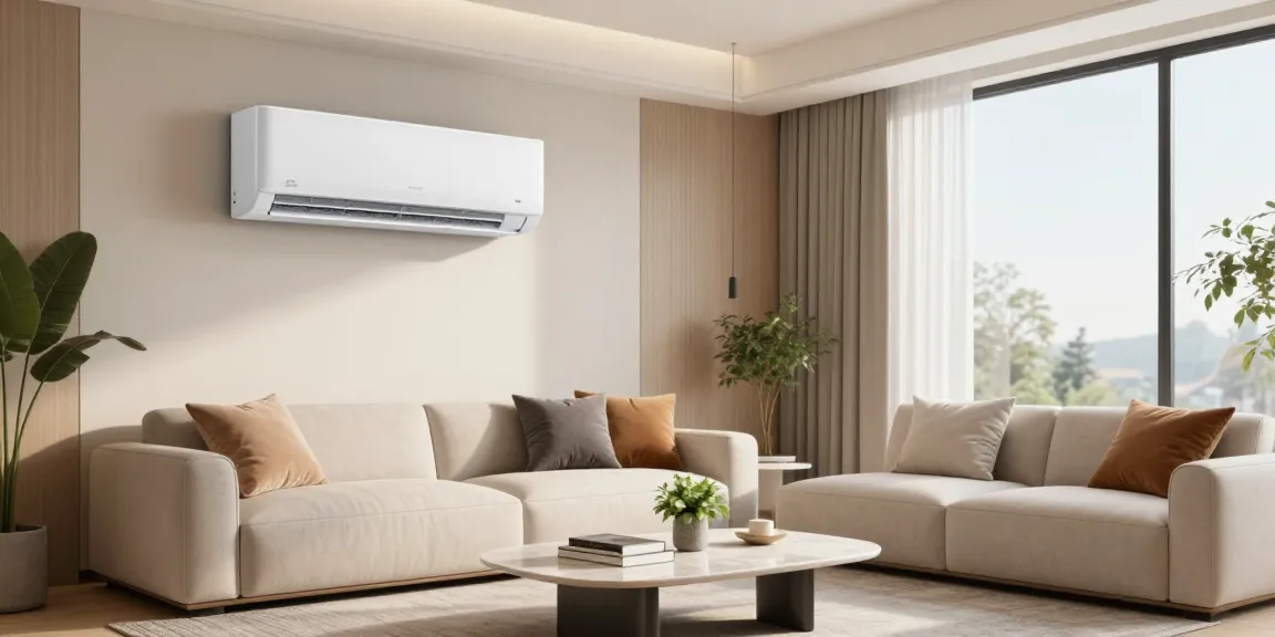 mini split 12000 btu air conditioner in a modern living room design with warm lighting and contemporary decor