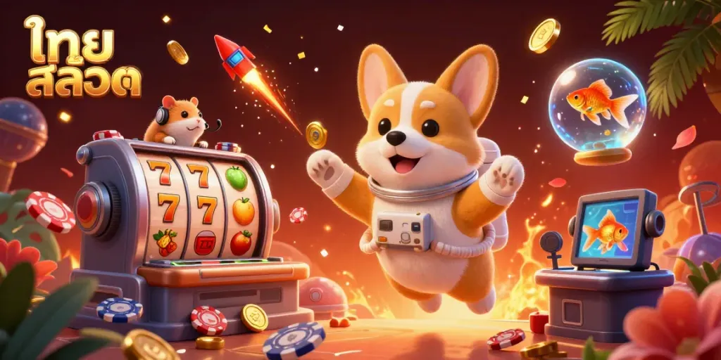 Engage with ไทย สล็อต offerings as a 3D cartoon astronaut corgi enjoys a vibrant space station casino.