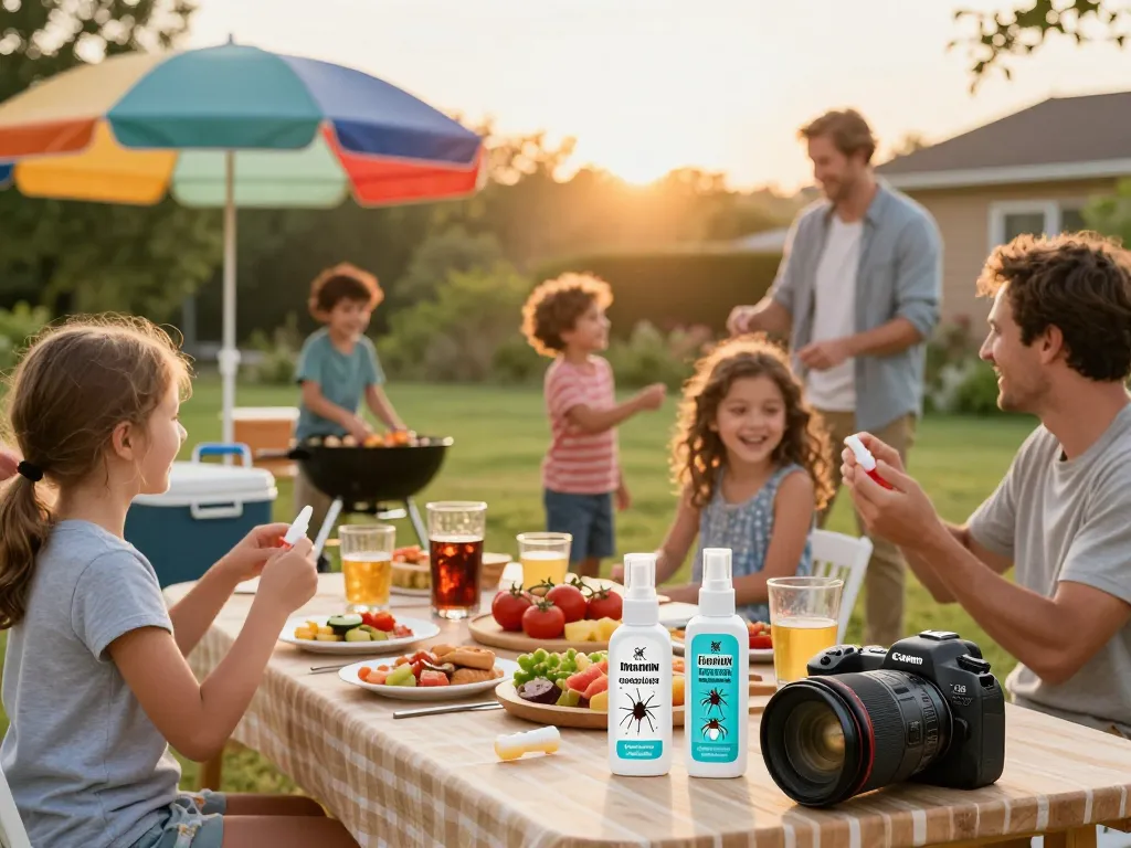 Family enjoying a barbecue while applying the Best Mosquito Repellent, showcasing outdoor fun and protection.