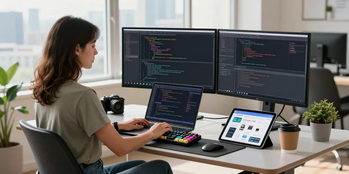 Focused woman coding in a tech workspace, showcasing crush ai applications amidst a modern urban setting.