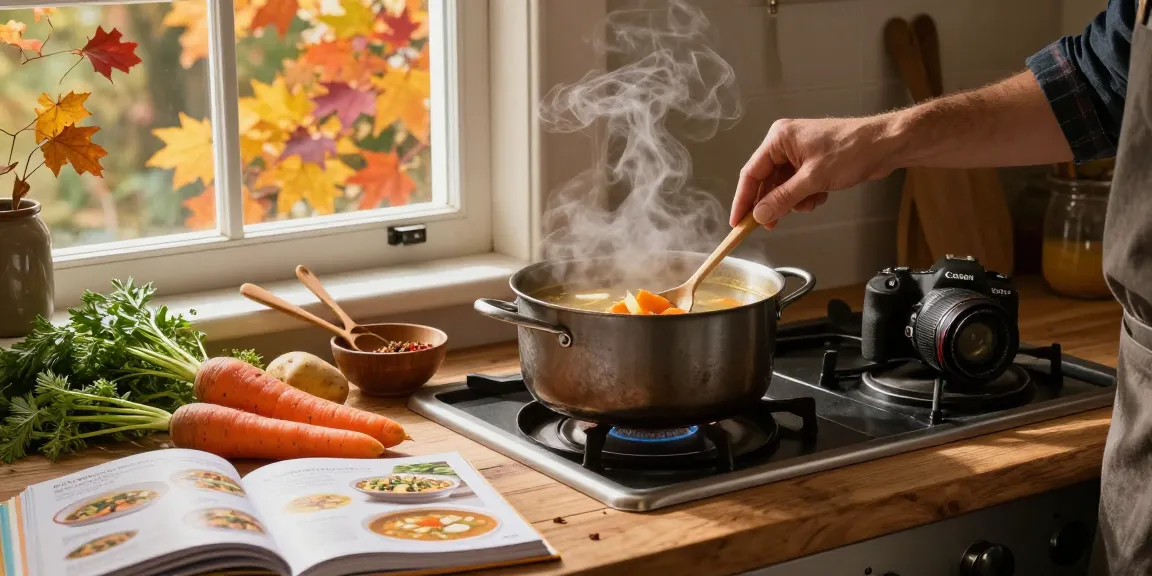 Leckere vegane Suppe, die auf dem Herd mit frischem Gemüse köchelt und das Wesen von veganen Suppen zeigt.