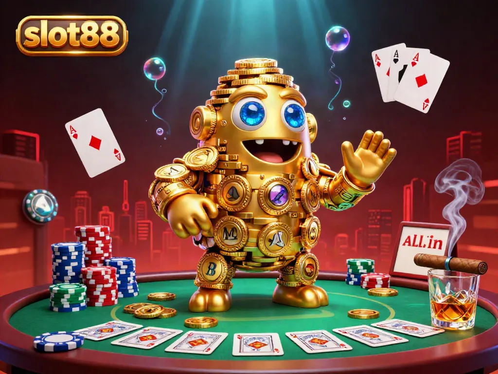 Engage with slot88's vibrant gaming universe featuring an ancient golden golem and poker elements.