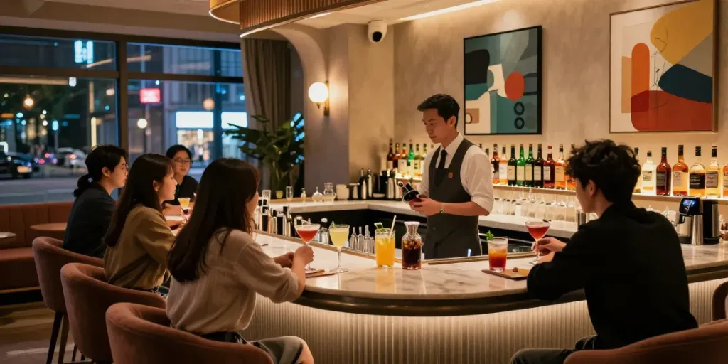 강남 타이밍에서의 고급스러운 칵테일 바와 손님들의 즐거운 대화 모습