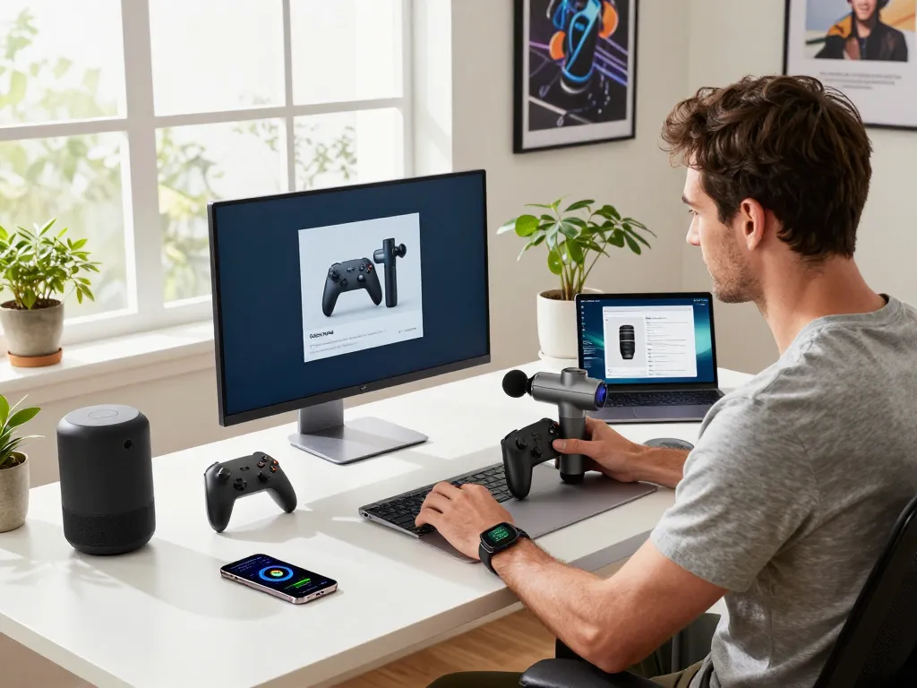 The best tech gadgets for men in a stylish workspace, showcasing Bluetooth devices, a fitness tracker, and a massage gun in a bright environment.