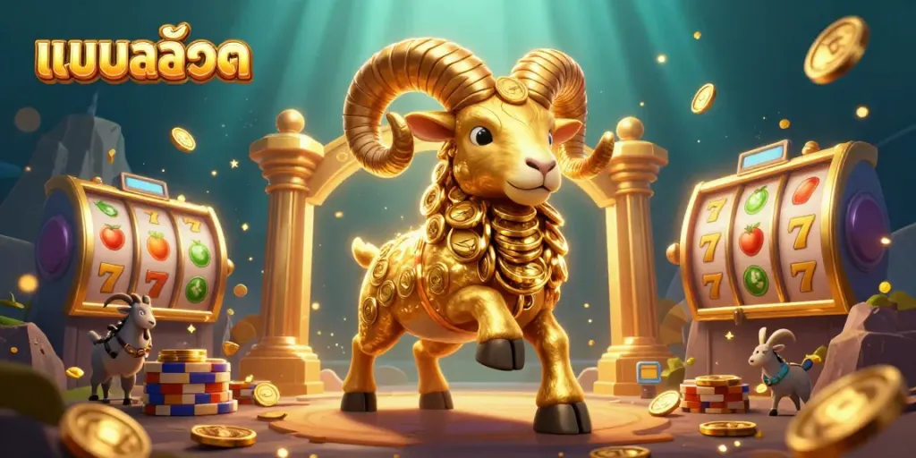 Experience the excitement of แบบสล็อต with dynamic slot reels, golden ram, and jackpot thrills in a vibrant scene.